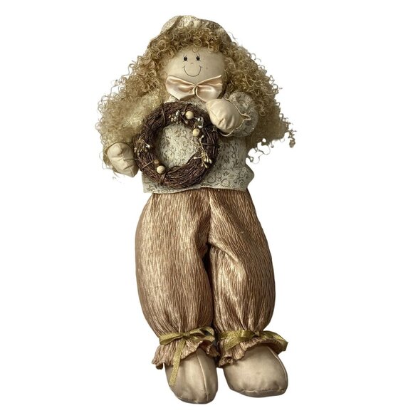Christmas Shelf Sitter Plush Doll With Curly Hair Bow & Wreath Gold 18" - Picture 8 of 12